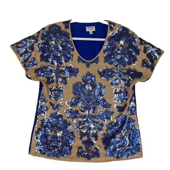Tracy Reese Neiman Marcus Target Blouse Top Womens Blue Gold Sequins Size XSmall - Picture 1 of 6